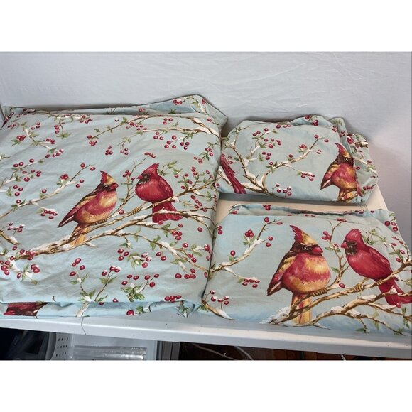 Pottery‎ Barn Queen/Full Duvet Set 2 Shams Cardinal Berries Winter Bird holiday - Picture 1 of 10